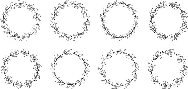 Elegant Outline Floral Leaf Wreath Frame Set with Eight Circle Designs and Dot Accents for Wedding, Invitation, and Stationery Designs