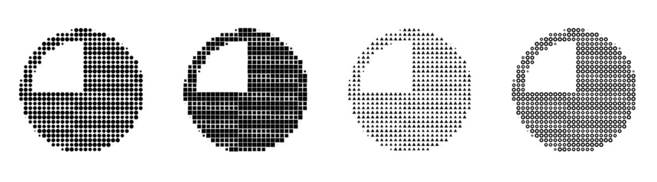Retro halftone icon collection - percents. Pie chart icon collection and design. Vintage dot pattern illustration. Gritty halftone texture. Vintage editorial illustration.