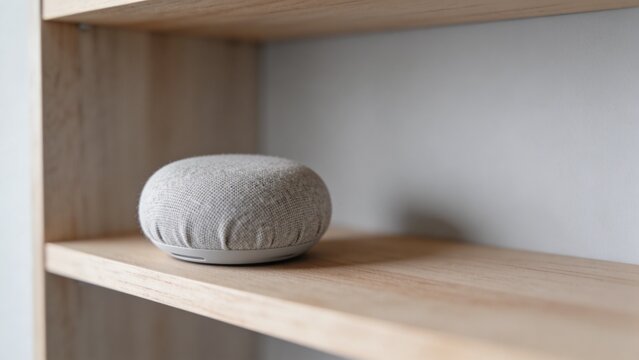 Fabric-Covered Smart Speaker on a Minimalist Light Wood Shelf