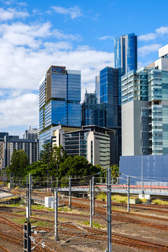 Brisbane CBD with Railway Tracks and Electrical Power Lines in the Forground