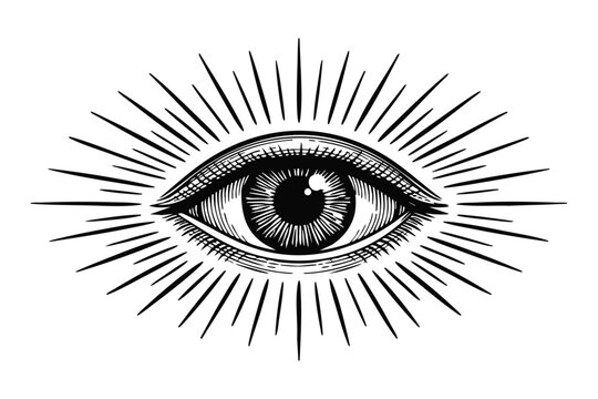 All seeing eye illustration with radiant lines vintage engraving style