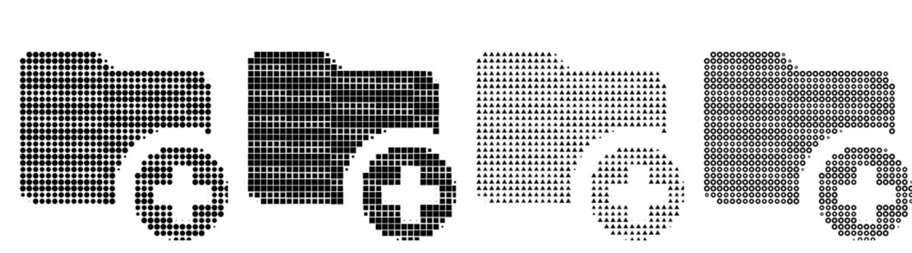 Pop art dot pattern icons featuring add folder. Folders and files document storage. Comic book style design. Retro newspaper printing style. Classic comic book look.