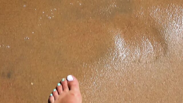 A woman's feet slowly walk toward the sea along the wet golden sand of an Egyptian beach. The waves gently recede and roll in, leaving a sparkle on the shore. An atmosphere of summer relaxation, relax