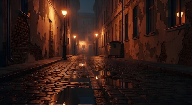 Empty cobblestone street illuminated by warm street lamps at night.