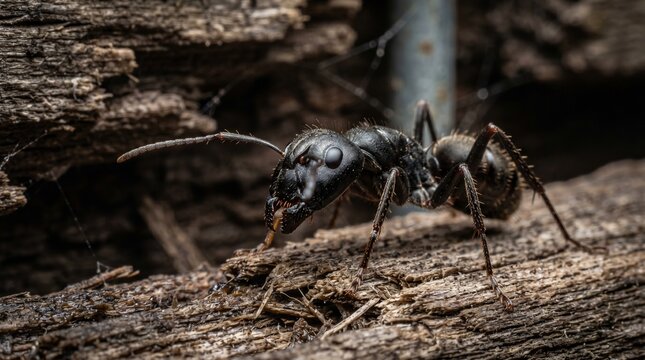 black ant on a wood