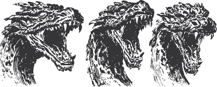 three fierce dragon heads roaring in monochrome sketch style, mythical creature illustration