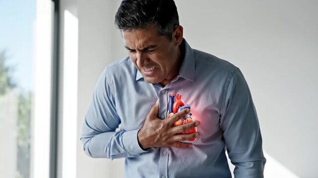 Man experiencing chest pain due to heart discomfort or cardiovascular health issues