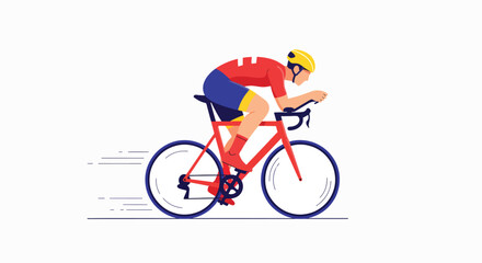 Fototapeta premium A cyclist in a red jersey and yellow helmet riding a red bicycle with blue wheels in a dynamic motion against a white background.