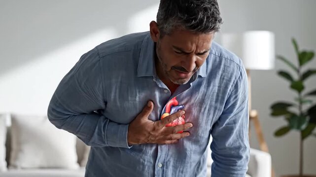 Man Experiencing Chest Pain in Indoor Setting Indicates Heart Discomfort