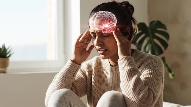 Young woman experiencing headache with digital brain inflammation visualization in a cozy home setting