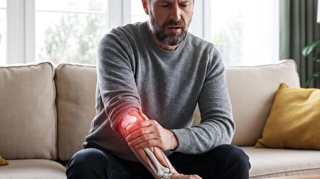 Man experiencing wrist pain and inflammation while sitting on a sofa at home