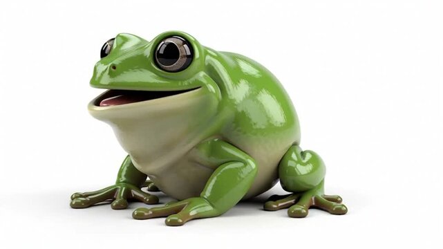 Smiling green frog figurine on white background