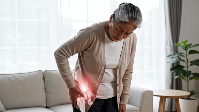 Elderly Woman Experiencing Sudden Hip and Lower Back Pain at Home