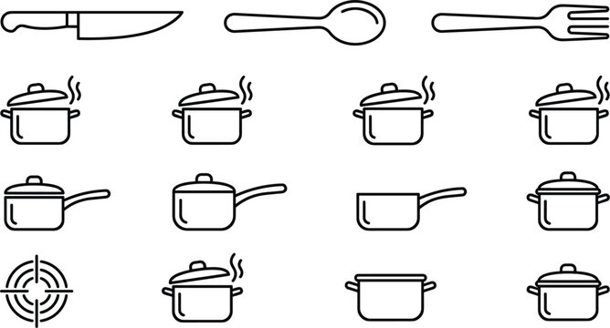 Kitchen cooking utensils and cookware icons set with knife spoon fork pots saucepan stove burner and boiling food symbols vector illustration