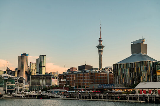 Auckland city by the harbour in the late afternoon with view to sky tower