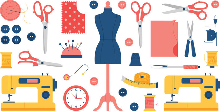 Sewing and Tailoring Tools Illustration Set with Sewing Machines, Scissors, Buttons, Thread, and Mannequin for Crafting and DIY Designs