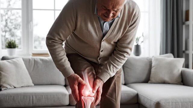Elderly Man Experiencing Knee Pain at Home During Cold Weather Analyzing Joint Discomfort