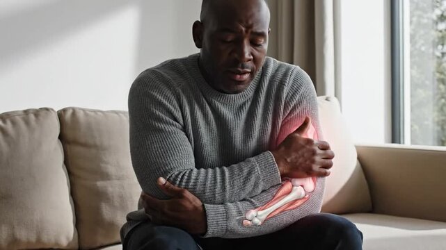 Man experiencing chest pain and discomfort while sitting on sofa in living room during daytime