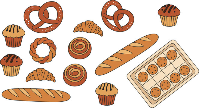 Large set of colorful flat vector illustrations of various freshly baked breads, pastries, and cookies isolated on a white background.