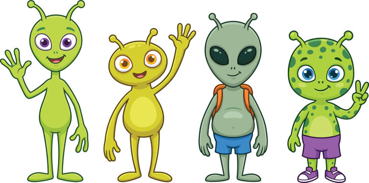 Cute cartoon alien characters set with different styles friendly extraterrestrial vector illustration for kids sci fi design