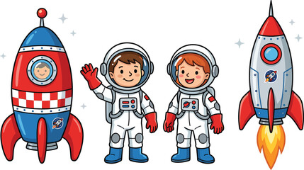 Cute cartoon astronauts with rockets colorful vector illustration set for children space exploration and science design © MostMeskatun