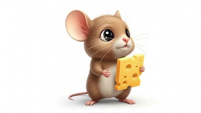 Cute cartoon mouse holding cheese on white background