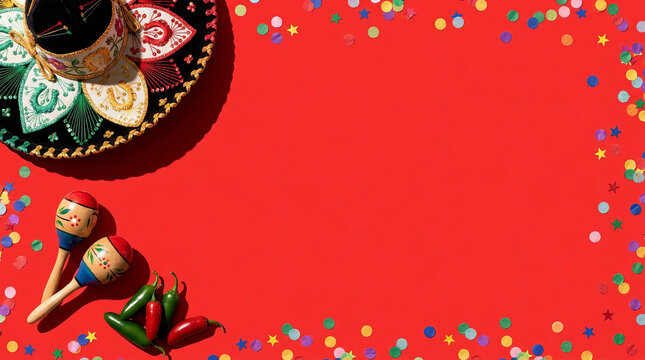 Traditional charro sombrero with maracas and jalapenos on red background with colorful confetti.