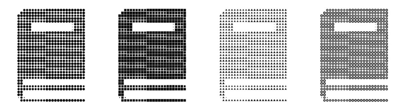 Pop art ben-day icons featuring book stack. Book icon collection and design. Comic book style design. High-contrast monochrome detail. Gritty halftone texture.