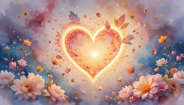 Radiant golden heart of light glows warmly surrounded by ethereal petals and sparkles dreamy floral composition symbolizing love serenity and beauty romantic abstract illustration concept