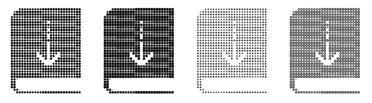 Gradient halftone icons of borrow book on transparent background. Book icon collection and design. Screen-printed retro design. Distressed magazine print finish.