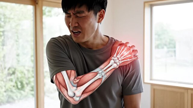 Man experiencing shoulder pain with muscle and skeletal injury depiction in environment with realistic anatomy overlay