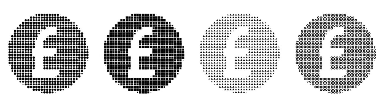 Vintage halftone icons of british pound on transparent background. Finance banking investment and money management. Screen-printed retro design. Retro newspaper printing style.