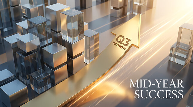 Golden arrow pointing upwards signifying q3 growth and mid year success amidst abstract geometric cubes and metallic structures representing financial progress and strategic