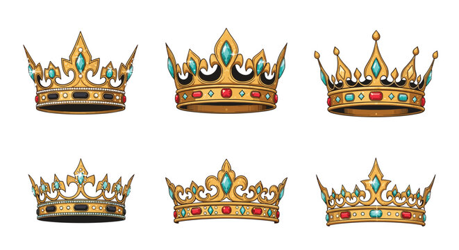Six golden crowns with intricate designs adorned with colorful jewels like red rubies and green emeralds.