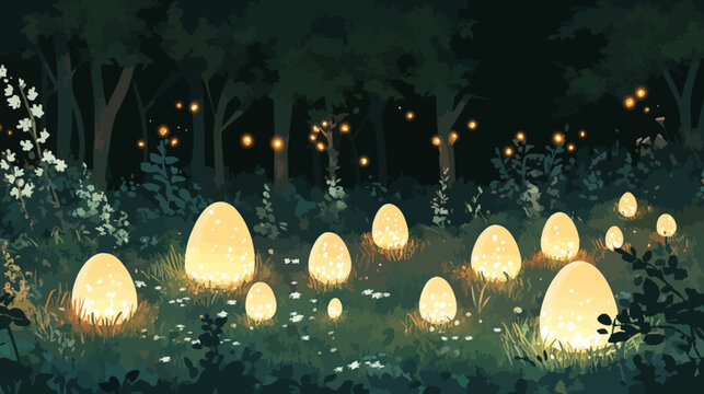 A dark forest scene featuring glowing orbs in the foreground and firefly-like lights in the background