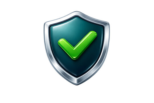 Glossy metallic teal shield icon with vibrant green checkmark symbol inside, 3D beveled edges and shine, perfect for security badges, success confirmations, app approvals on white background.