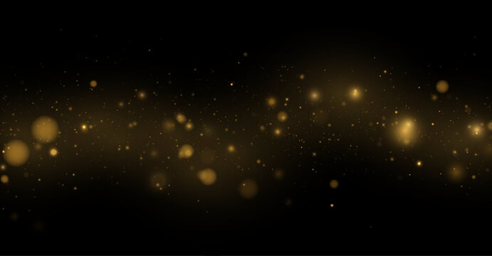 Gold glitter particles explode softly outward. Shining dust creates a radiant glow. Transparent background realistic vector effect.