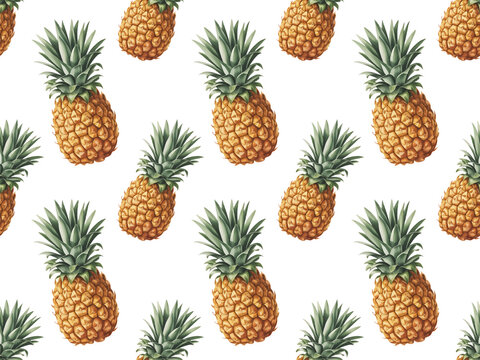 Tropical Pineapple Seamless Watercolor Pattern, Exotic Fruit Repeat Pattern on White, Fresh Pineapple Summer Background Design