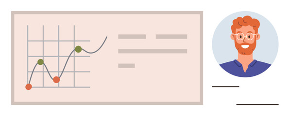 Business analysis, data reporting, professional identity, teamwork, project management, online communication. A graph with data points and a profile portrait. Business analysis and data reporting © robu_s