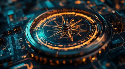 Fototapeta premium A futuristic digital compass with glowing orange and blue highlights on a technology-themed background