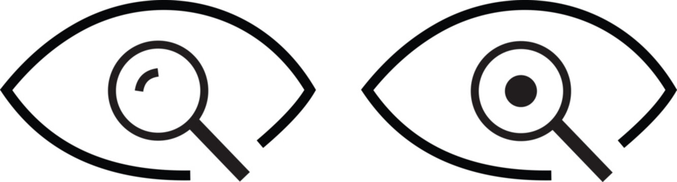 Minimalist eye icons with magnifying glass, vision search and observation vector symbols, black line art for optical analysis and focus