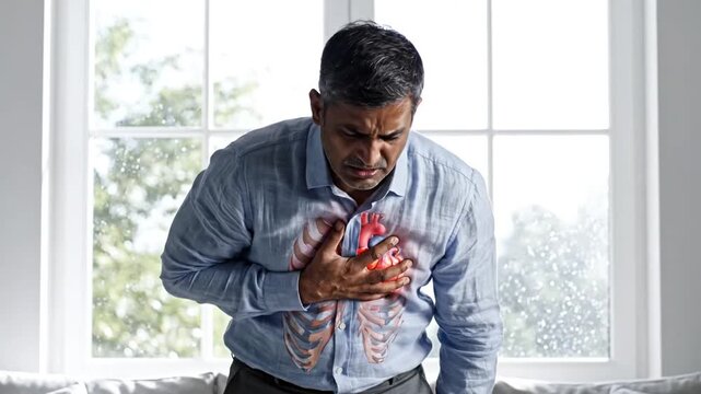 Man Experiencing Chest Pain Due to Heartache or Medical Emergency Indoors