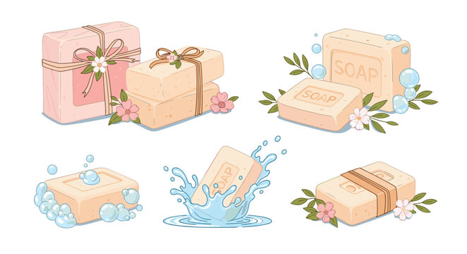 Collection of natural handmade bars of soap with flowers water splashes and bubbles for spa beauty and personal hygiene concepts.