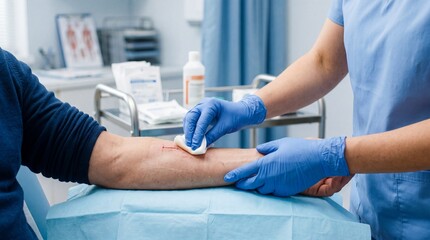 Obraz premium Nurse cleaning wound medical gloves wound care clinical realism hospital healthcare sterile injury patient treatment arm professional