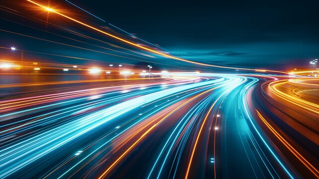 Dynamic sweeping light trails on night expressway with glowing blue and orange neon lines representing rapid transit and urban energy flow