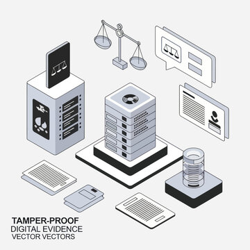 Isometric illustration of digital evidence and tamper-proof data security concepts.