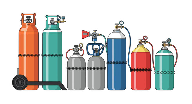 Collection of industrial gas cylinders in different sizes and colors equipped with valves and pressure gauges for medical and technical use.