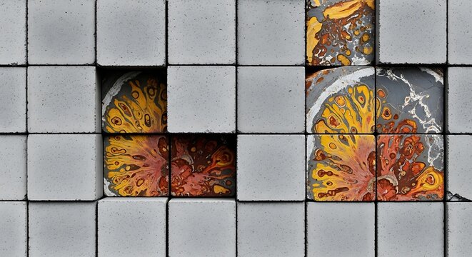 A top-down view of a modern architectural wall featuring gray concrete square tiles with sections of vibrant orange and yellow marbled stone patterns