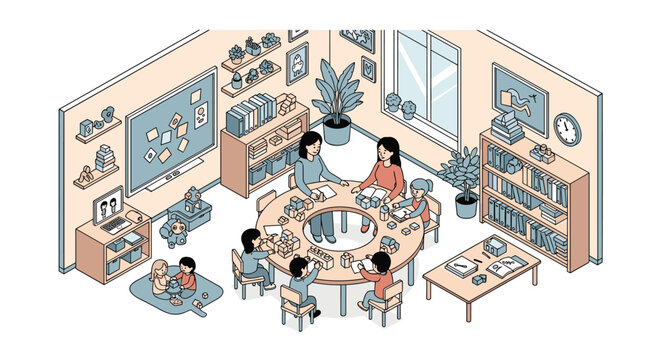 Detailed isometric view of a modern classroom with young students sitting at a round table and teachers guiding their educational activities.