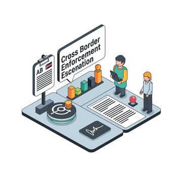 Isometric illustration of cross-border enforcement and escenation concept with people and documents.
